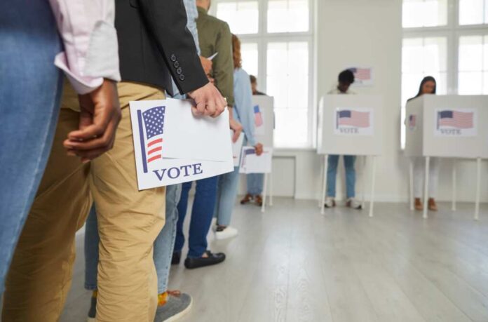 Diverse,Citizens,At,Ballot,Station,On,Election,Day.,White,And