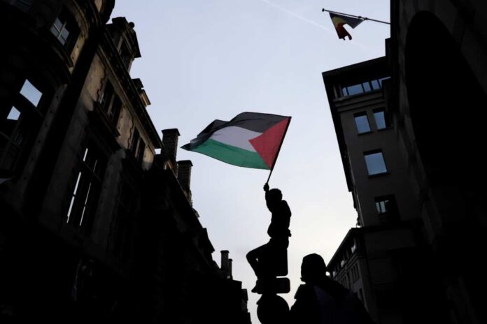 Palestinian,Flag,,During,A,Demonstration,In,Brussels