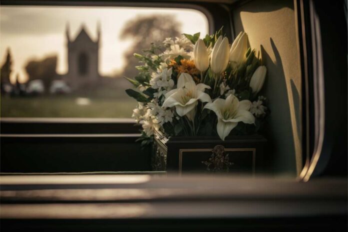 Funeral,Flowers,In,The,Back,Of,A,Hearse,Driving,Through