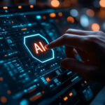 AI-Powered Robots: Household Revolution Begins A hand interacting with a digital interface displaying AI in bright letters