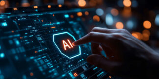 A hand interacting with a digital interface displaying AI in bright letters