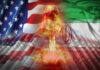 A composite image featuring the US and Iranian flags with a nuclear explosion and missiles