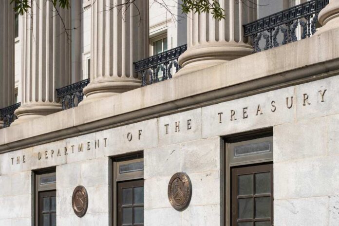 Facade of the Department of the Treasury with columns and engraved text