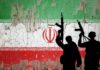 Silhouettes of armed figures in front of a distressed Iranian flag