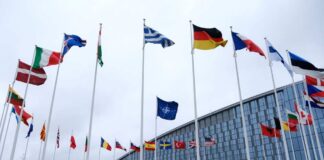 Flags of various countries in front of a modern building under a cloudy sky