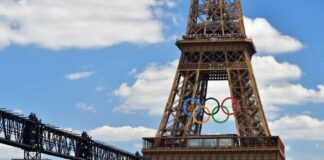 Eiffel Tower with Olympic rings displayed