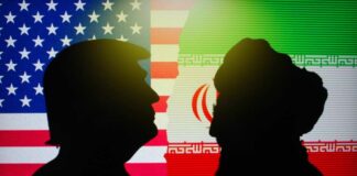 Silhouettes of two figures against the backgrounds of the American and Iranian flags