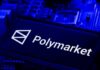 Polymarket logo displayed on a circuit board background