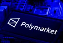Polymarket logo displayed on a circuit board background