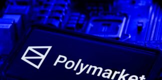 Polymarket logo displayed on a circuit board background
