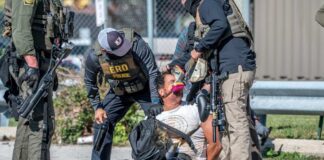 Police officers apprehending a suspect on the ground