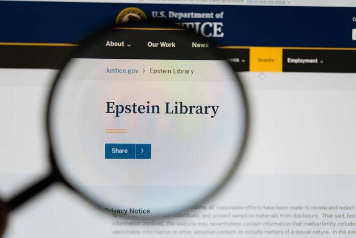 Magnifying glass focusing on the Epstein Library section of a government website