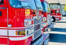 Close-up of red fire trucks parked in a row
