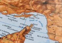 Detailed map showing the Strait of Hormuz and surrounding regions