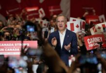 Mark Carney speaking at a political rally with supporters holding signs