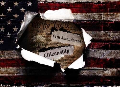 Torn paper revealing the 14th Amendment and the word Citizenship against an American flag background