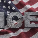 Letters 'ICE' placed on a background of an American flag