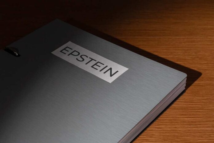 A metallic folder labeled 'EPSTEIN' resting on a wooden surface
