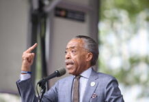 A speaker passionately addressing an audience with a raised hand