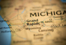 Close-up of a map showing Grand Rapids and surrounding areas in Michigan