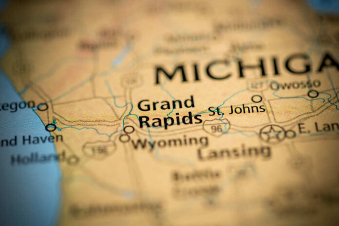 Close-up of a map showing Grand Rapids and surrounding areas in Michigan