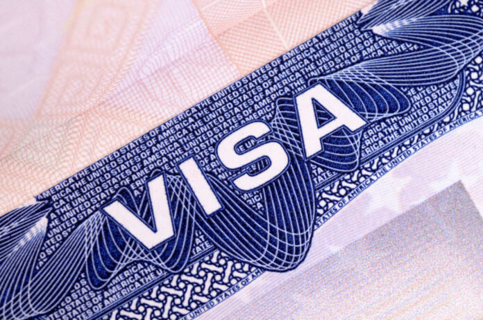 Close-up of a visa document showing the word VISA and intricate design elements