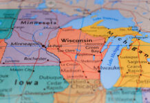 Detailed map highlighting Wisconsin and surrounding Midwestern states