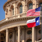 American and Texas flags flying in front of a state capitol building
