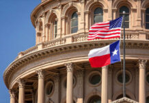 8% Voter Tidal Wave OUSTS Texas Senator American and Texas flags flying in front of a state capitol building