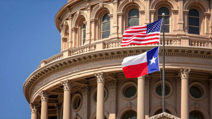 American and Texas flags flying in front of a state capitol building