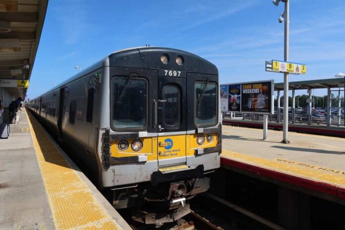 Long,Island,Rail,Road,Ronkonkoma,Station,Platform,With,A,Train Long Island Rail Road train at station platform