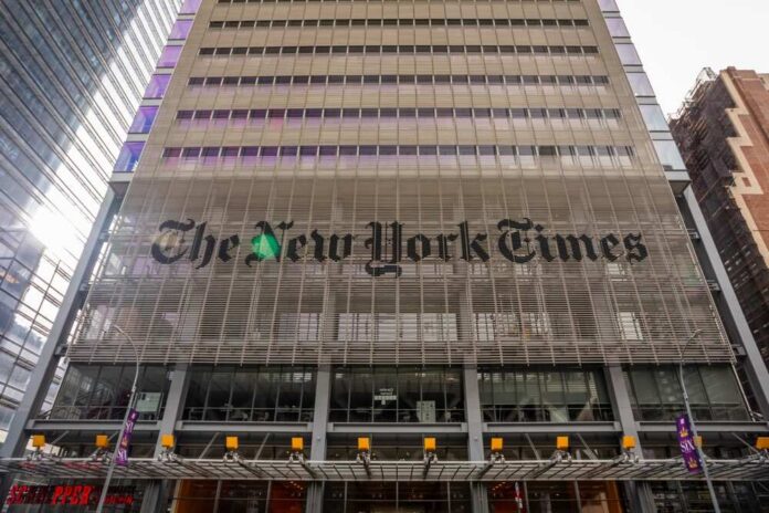 Facade of The New York Times building with large signage