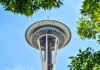 View of the Seattle Space Needle surrounded by green leaves against a blue sky