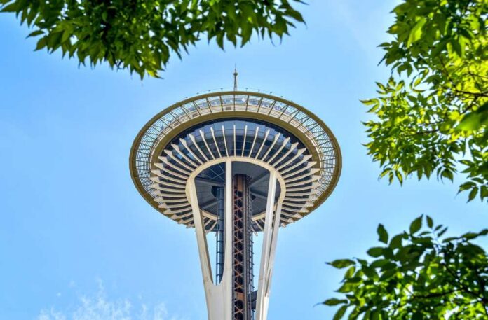 shutterstock_2633002555.jpg View of the Seattle Space Needle surrounded by green leaves against a blue sky