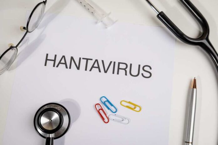 Document titled 'HANTAVIRUS' surrounded by medical tools and paper clips