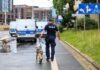 Warning Came Before Deadly Attack Police officer walking with a K9 on a wet city street