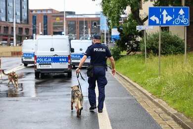 Police officer walking with a K9 on a wet city street