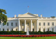 The White House with a fountain and flower beds in front