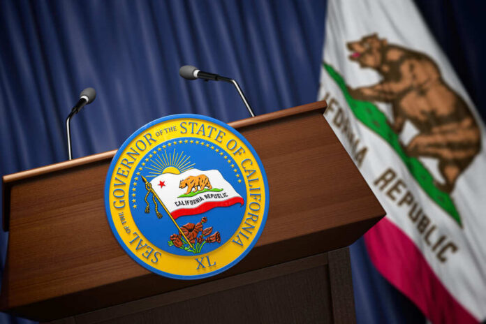 Press,Conference,Of,Governor,Of,The,State,Of,California,Concept. Podium with the seal of the Governor of California and state flag in the background
