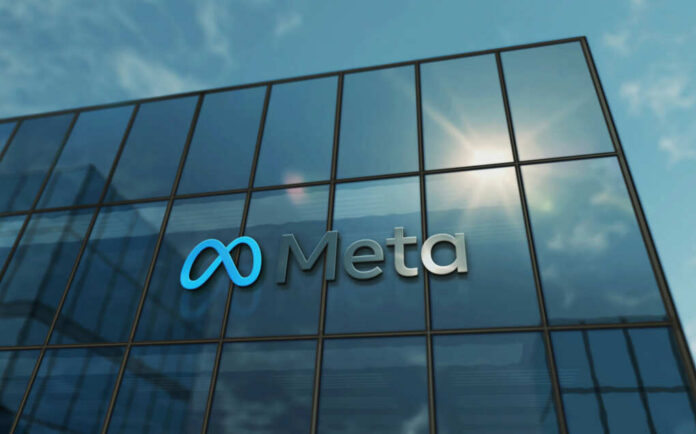 shutterstock_2303237429 Exterior view of a modern corporate building featuring the Meta logo