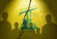 Did Hezbollah Misread The Iran Deal? Silhouettes of two figures against a yellow background featuring Hezbollah's emblem