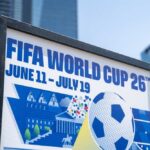 FIFA World Cup 26 poster with soccer ball in urban setting