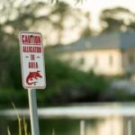 A high water warning sign near a flooded area