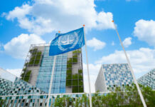 Questions Surround UN Protest Incident Modern building with UN flag in front under a blue sky with clouds