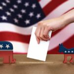 Secret Ballot Strategy Finally Exposed Hand casting ballot between Republican elephant and Democratic donkey