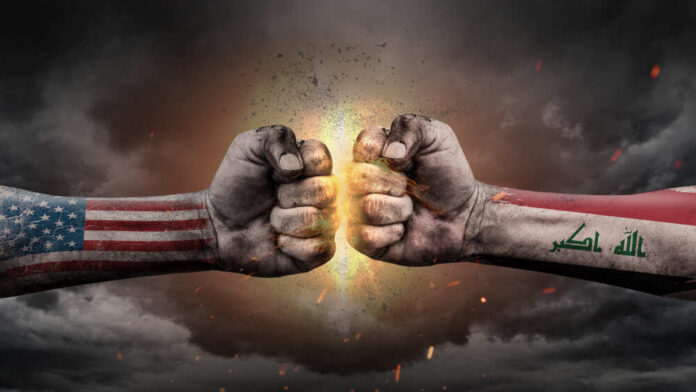 Usa,Vs,Iraq.,Fists,With,Flags.,Battle,Of,Two,Countries Empty White House press room with a podium and camera setup