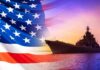 U.S. Navy Goes All-In On AI United States flag overlay with a naval warship at sunset on the ocean