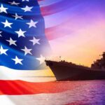 United States flag overlay with a naval warship at sunset on the ocean