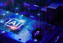 Close-up of a circuit board with an AI symbol and digital effects