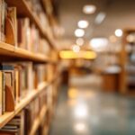 Library shelves with books in a softly lit aisle